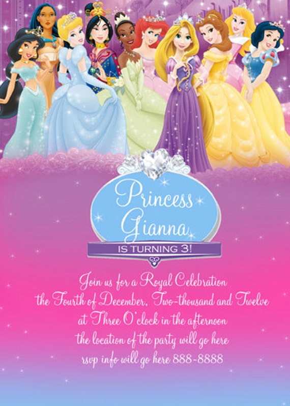 Disney Princess Invitation Digital File 4X6 or by digitalparties