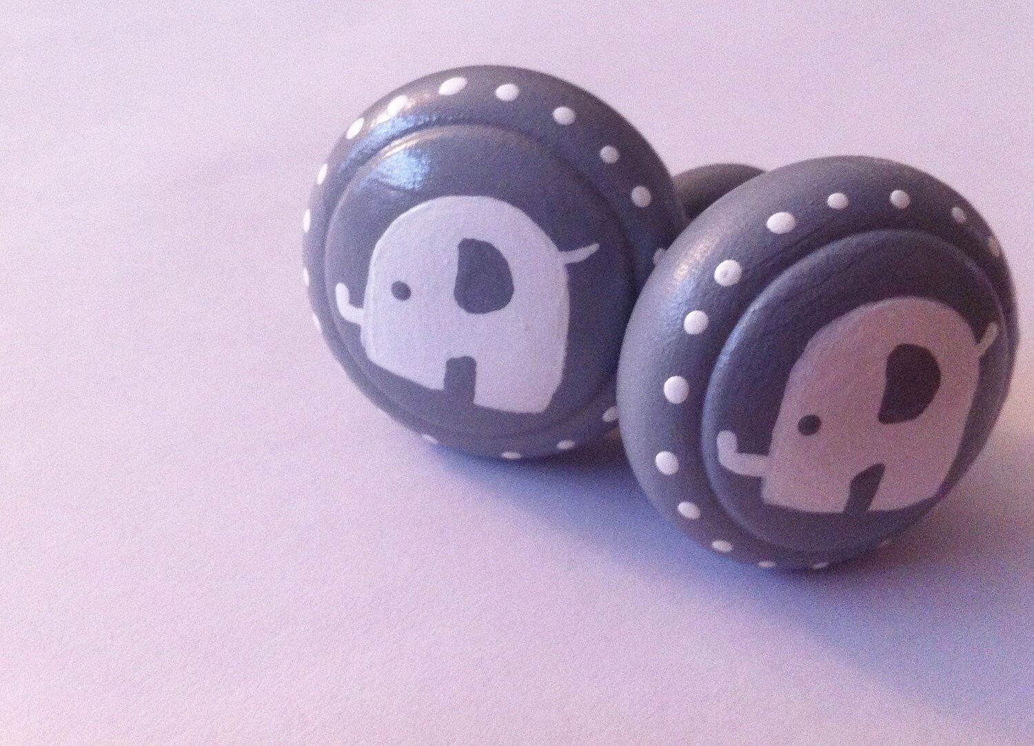 Drawer Knobs Hand Painted in Gray with White Baby Elephant