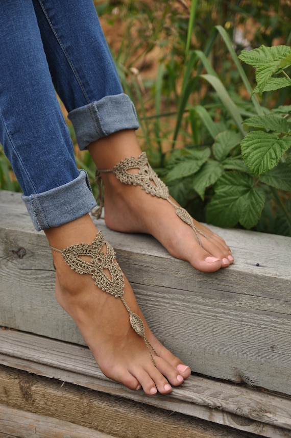 Crochet Tan Barefoot Sandals, Nude shoes, Foot jewelry,Wedding, Victorian Lace, Sexy, Yoga, Anklet , Bellydance, Steampunk, Beach Pool