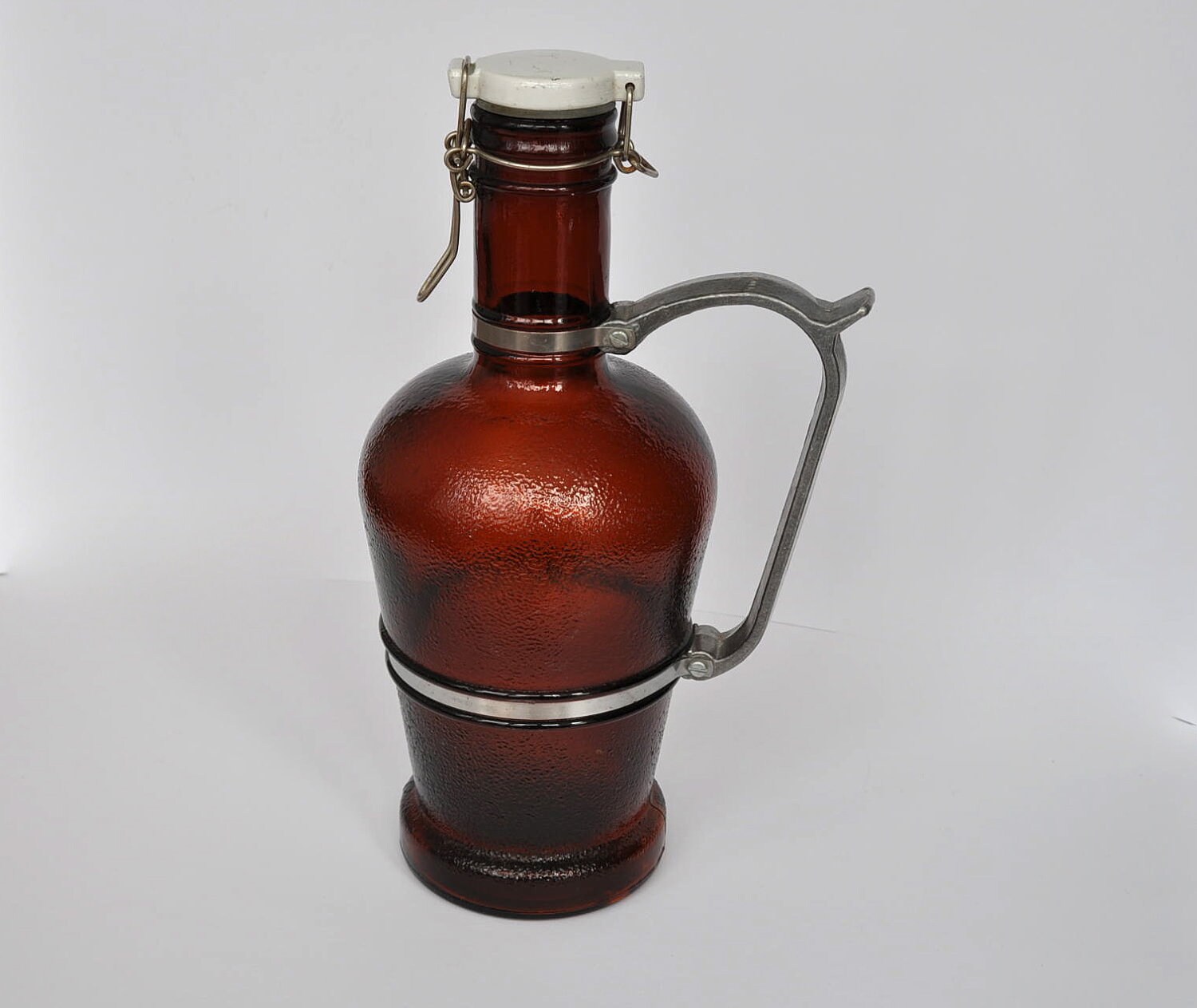 SALE Vintage German brown glass beer jug with metal handle.