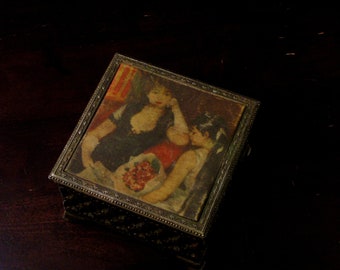 Delectable Vintage "At The Concert " By Renoir Red Velvet Lined Metal And Satin Jewelry Casket Or Trinket Box