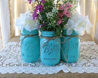 SALE Set of 4 Pint Mason Jars Painted Mason Jars Flower