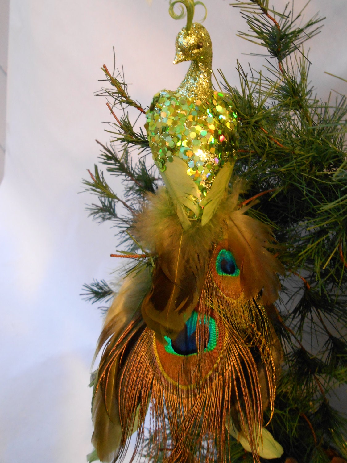 Holiday Christmas Peacock Bird with Feathers and Bling ~Tree Wreath Mantle Decoration Ornament~teal turquoise lime green~bird lover decor