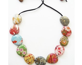 Origami Bead Necklace, Japanese Chiyogami Paper Decoupage and Resin covered Wooden Bead