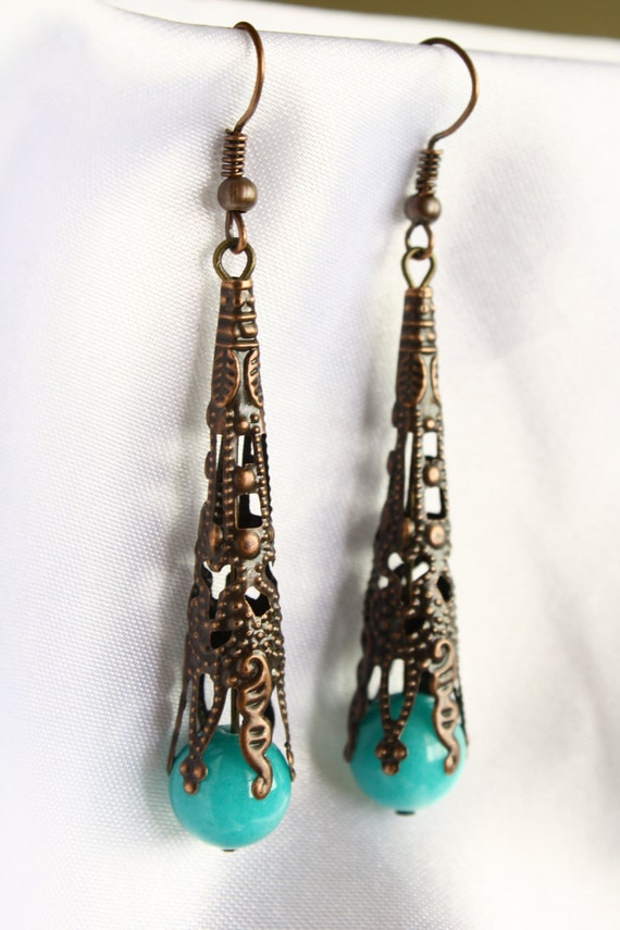 Items similar to Antique Copper Cone Earrings with Turquoise Shell Bead ...