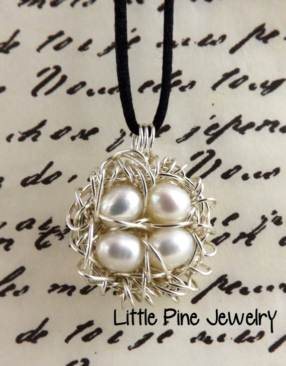 Bird Nest Necklace Pearl Nest Necklace 4 Eggs by LittlePineJewelry