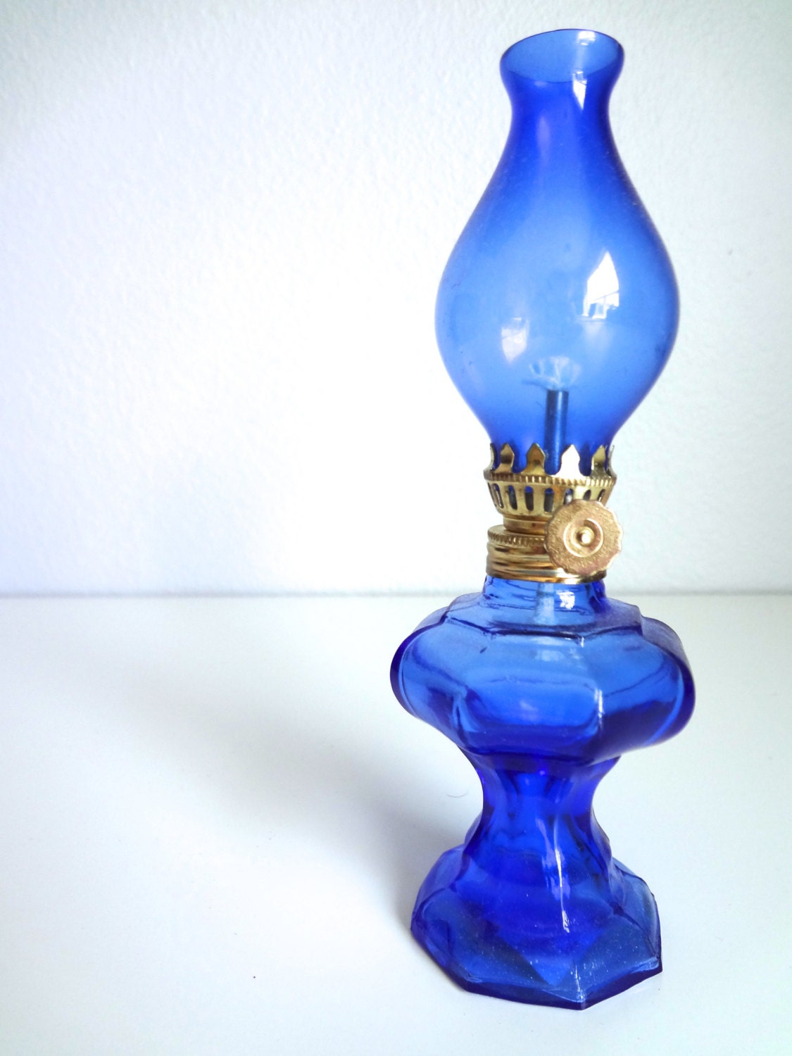 VINTAGE Mini Cobalt Blue Glass Oil Lamp Lantern