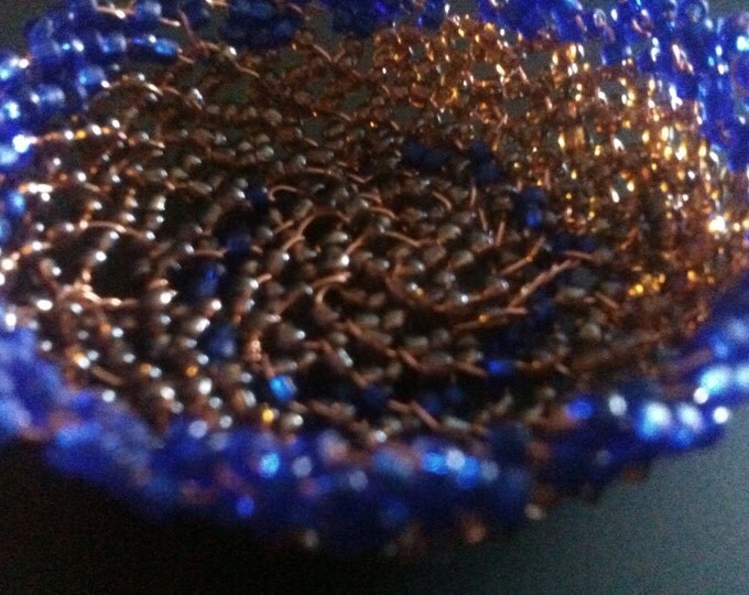 miniature cobalt and amber beaded wire basket