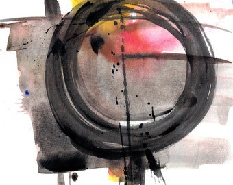 Enso Abstract painting, Zen Circle, Spiritual Art, black, red, yellow, gray, Original "Enso Abstraction 111 " by Kathy Morton Stanion EBSQ