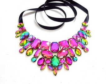 Iridescent Rhinestone Bib Necklace, Colorful Statement Necklace, Bold Chunky Statement Necklace, Chunky Bib Necklace, Iridescent Jewelry