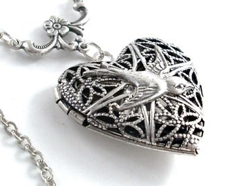 Silver Swallow Scent Locket Necklace Jewelry - Filigree Heart