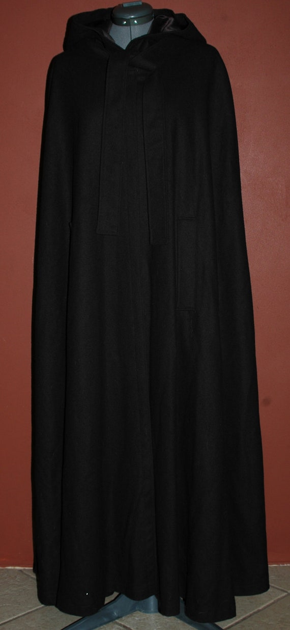 Vintage 70s Black Wool Cape Cloak Full Length