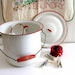 Vintage Enamelware Chamberpot Bucket & Lid White Red Wooden Handle Laundry Soap Compost Enamel