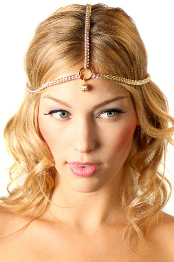 Items similar to gold Crystal Circle Charm Chain Headband Headpiece on Etsy