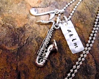 Personalized Music Necklace, Saxophone Necklace, Saxophone Jewelry, Music Necklace, Hand Stamped Jewelry