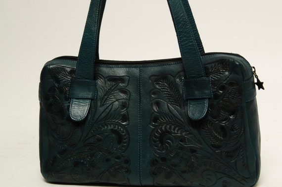 Alexis David Teal Hand Tooled Leather Handbag by SpeakeasyStarlet