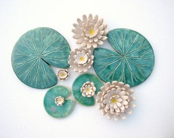 Water lily coaster Handmade ceramic green leaf lily pad MADE TO ORDER