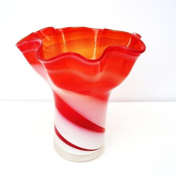 Vintage Candy Stripe Vase Peppermint Candy Red White Art Glass