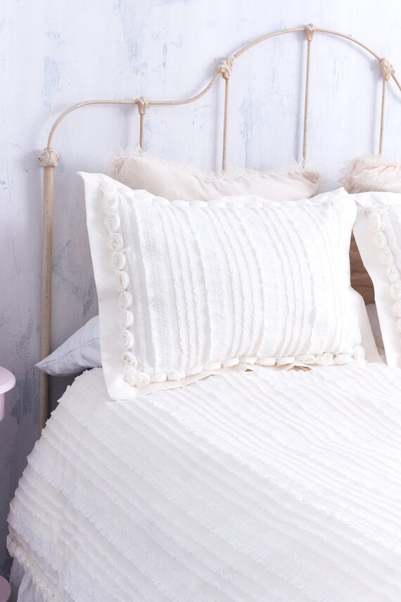 CLEARANCE IVORY ROSETTES Shimmery Ruffle Sham Pillow Cover