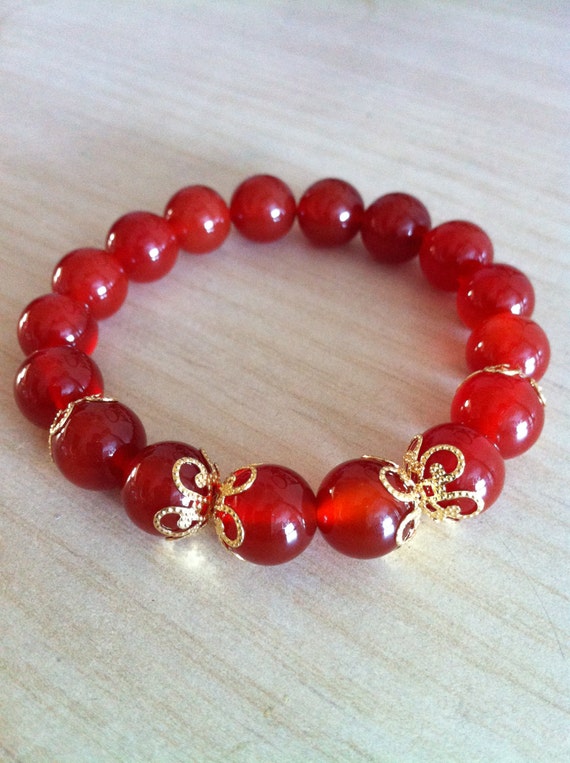Items similar to Red Carnelian Stretch Bracelet with18K Gold Plated ...