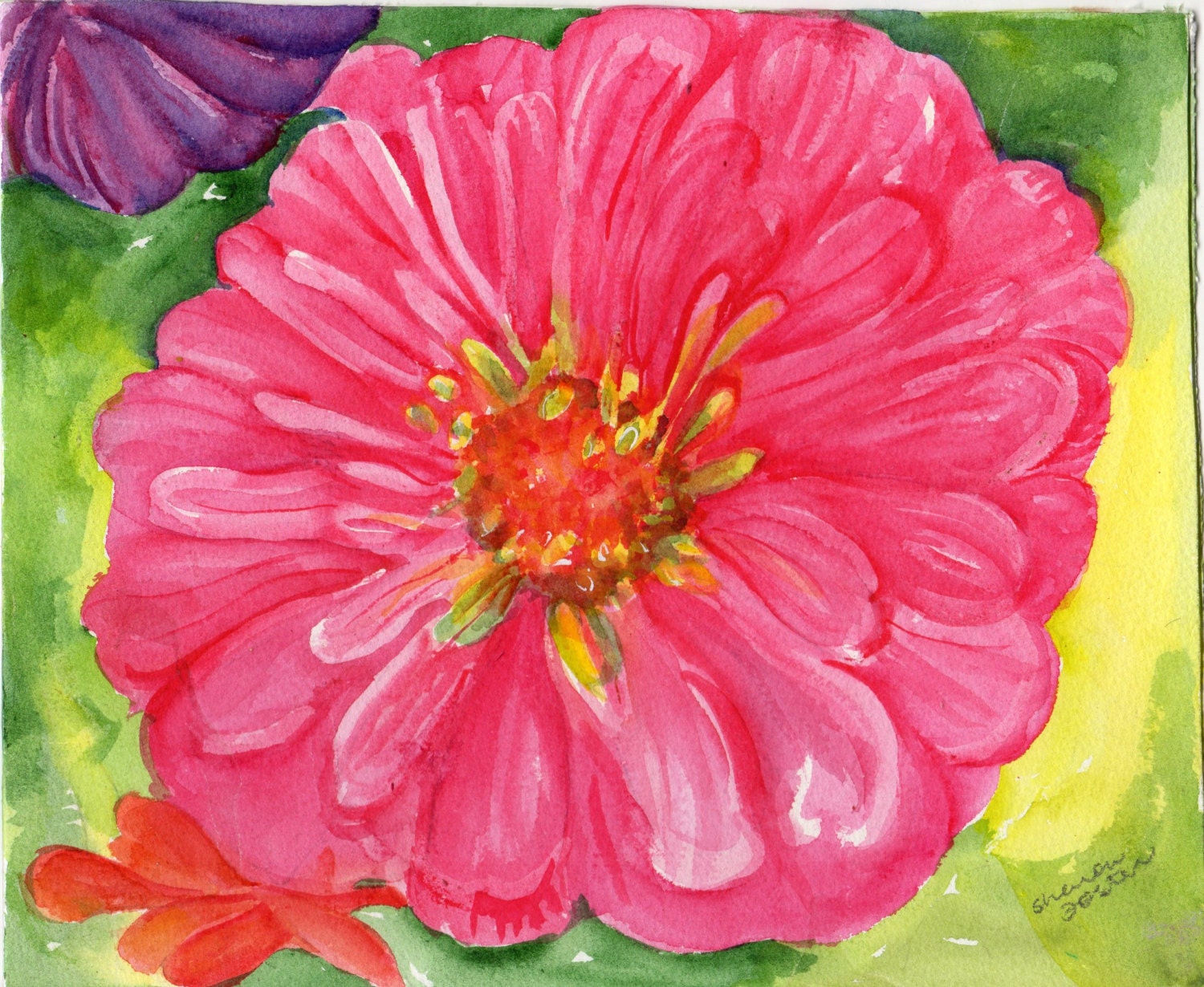 Zinnias Watercolor Painting Original 8 x 10 Watercolor