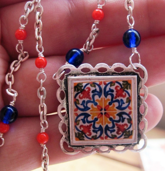 Portuguese jewelry Portuguese tile necklace Statement
