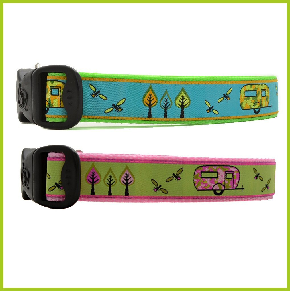 Camper Trailer Camping Dog Collars With Lightning Bugs & Funky
