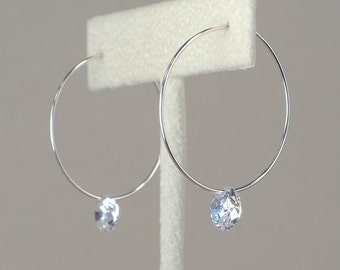 Sterling Silver Hoop Earrings CZ Hoops Floating Diamond Simple Thin Medium Sterling Silver Skinny Hoops Cubic Zirconia Gift for Her