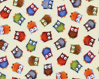 Timeless Treasures, Bright Eyed and Bushy Tailed Tossed Owls Cream Fabric - Half Yard