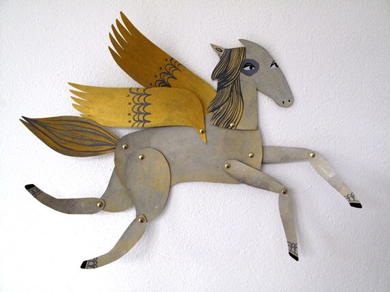 Ginger / Winged Grey and Gold Horse Articulated Decoration  / Hinged Beasts Series