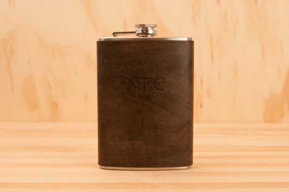 Monogram Flask - Leather and Stainless Steel in antique black