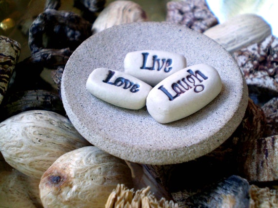 Inspirational Quote Message Stones in Ceramic Dish, Live Love Laugh