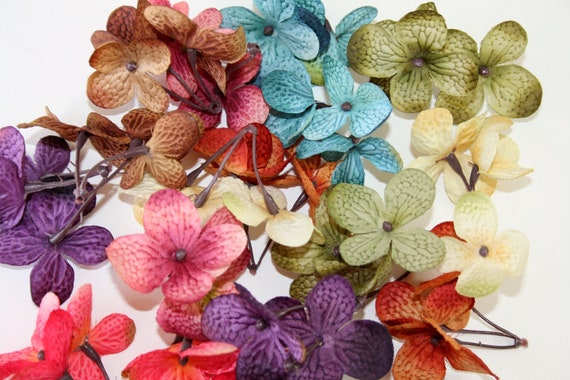 72 Silk Hydrangea Petals in 8 Mixed Colors Cream Turquoise
