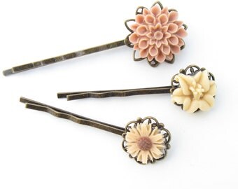 Peach Flower Hairpin, Peach Bobby pin Set, Peach Hairpin Set, Cream BobbyPin Set, Peach Hair pin, Pastel Bobby Pin, Bridal HairPins