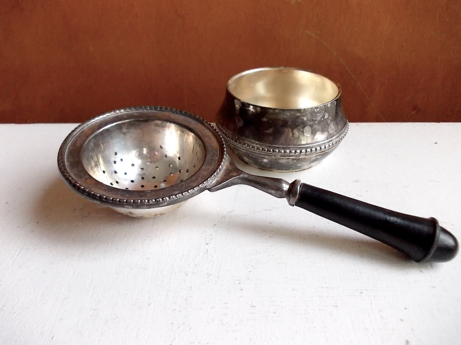 Silver Plate Antique Tea Strainer and Drip Catcher Dish Stand