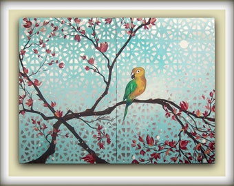 Large Multi Panel Painting of Yellow Sun Conure Bird...Metallic Abstract Contemporary Modern Art Diptych by HD Greer