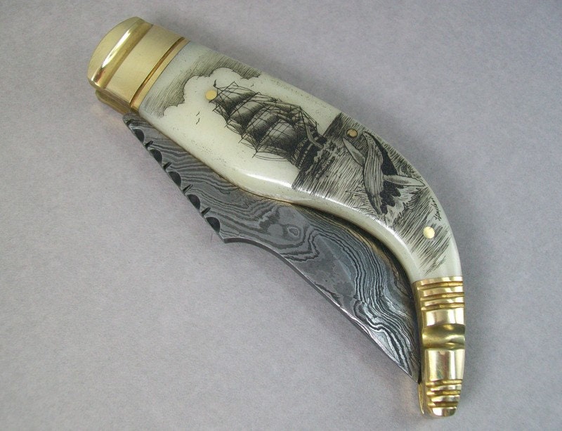 Scrimshaw Nautical Knife Ship and Breaching Humpback Whale