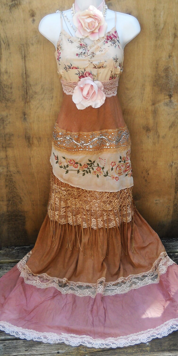 Gypsy maxi dress boho wedding rustic tassels roses beige tea Gypsy Boho Dress