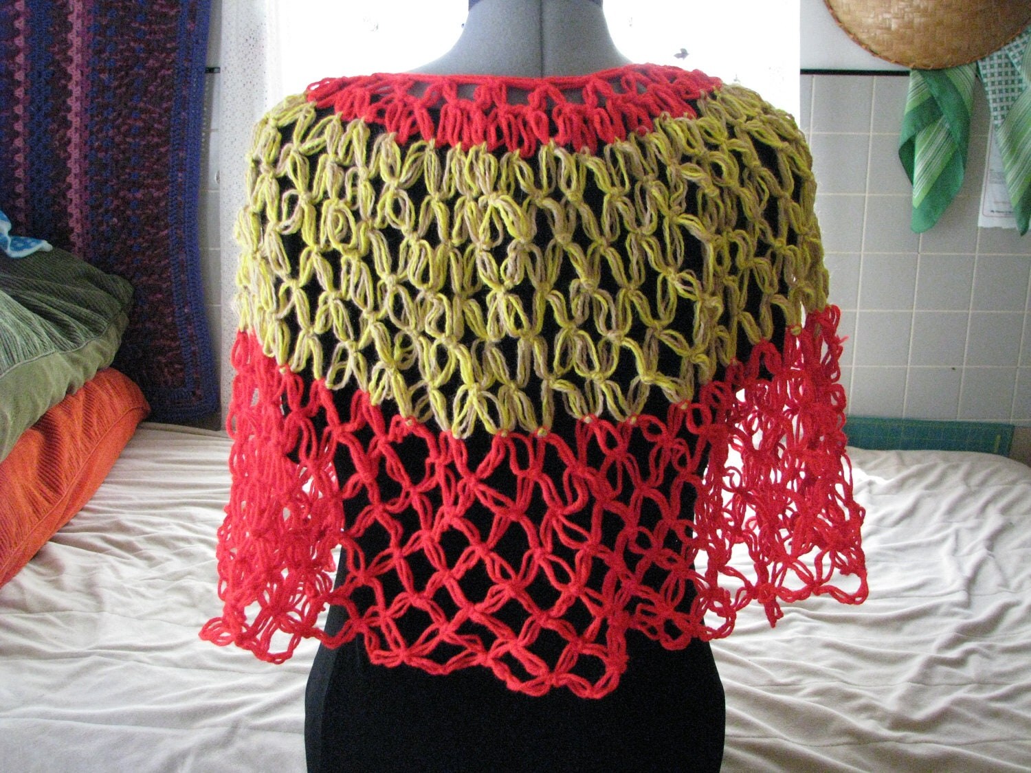 Bright Crocheted Mesh Poncho Or Shawl