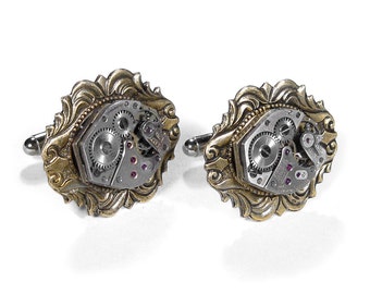 Mens Watch Cufflinks Ruby Jeweled Watch Mens Cuff Links Brass ART NOUVEAU Wedding Anniversary Fathers Day - Steampunk Jewelry by edmdesigns
