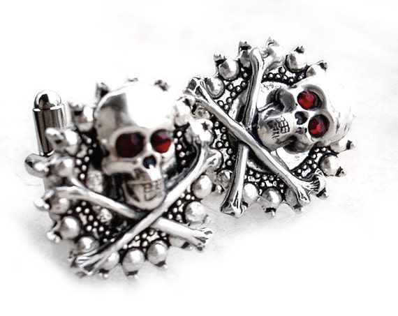 Gothic Skull Cufflinks // Mens Gothic Jewelry // Silver with Red Swarovski // gift for husband boyfriend by Aranwen steampunk buy now online