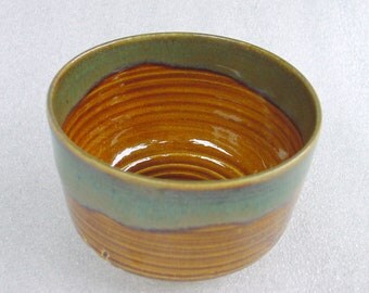 Wheelthrown Pottery Tea Bowl (or Cup) in Amber, Sage Green and Blue