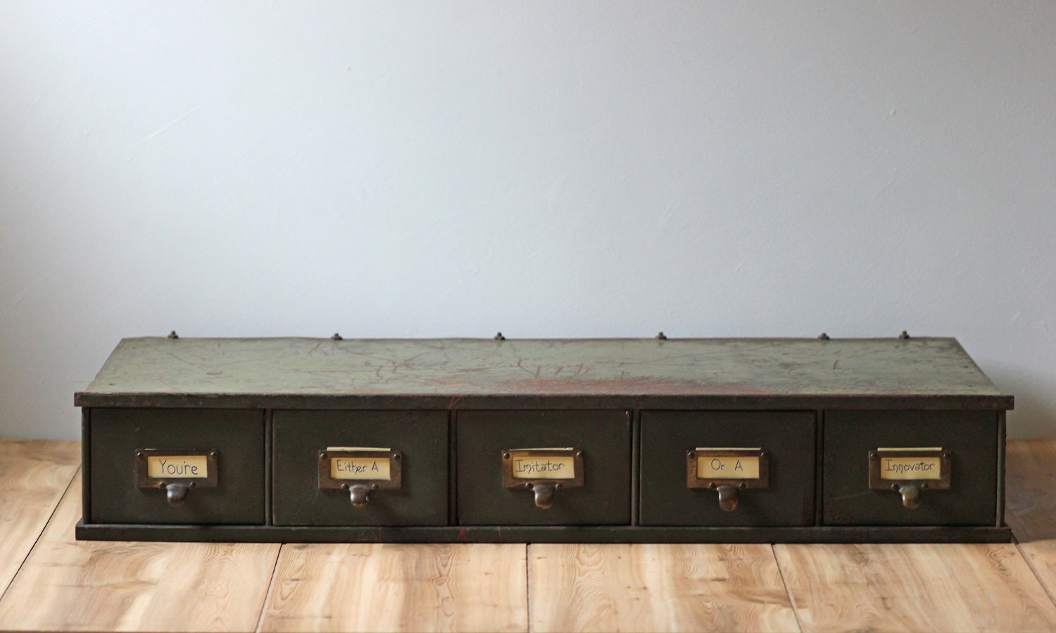 antique army green flat metal filing box