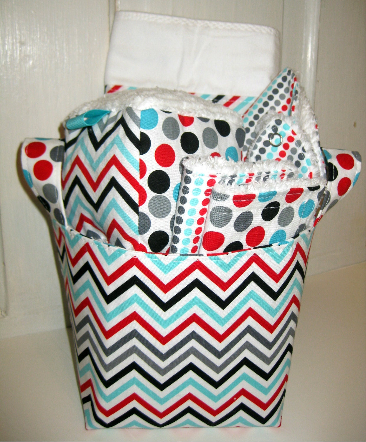 Chevron Stripe Baby Gift Basket Burp Cloth Bib Rattle