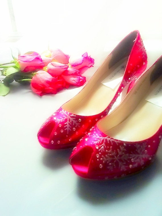 Wedding Shoes Crystals red lipstick snowflakes Christmas peep toes platform Karen