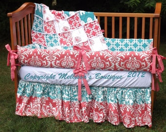 Custom Boutique Coral and Turquoise Palette Baby Nursery 3-Piece Crib Bedding Set made with Designer fabric