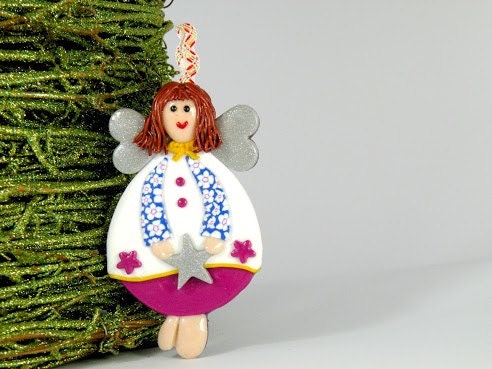 Angel Ornament Decor, Christmas Tree Ornament, Fushia and Blue Angel with Silver Star, Baby Girl Decoration
