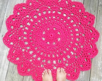 Raspberry Pink Outdoor Cord Crochet Rug in 35" LAST ONE