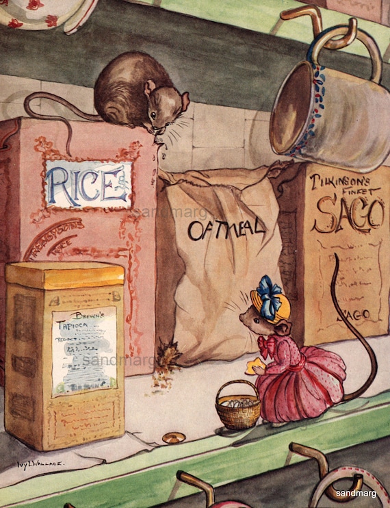 Vintage 1950s Storybook Illustration A Mouse Goes Shopping Mr