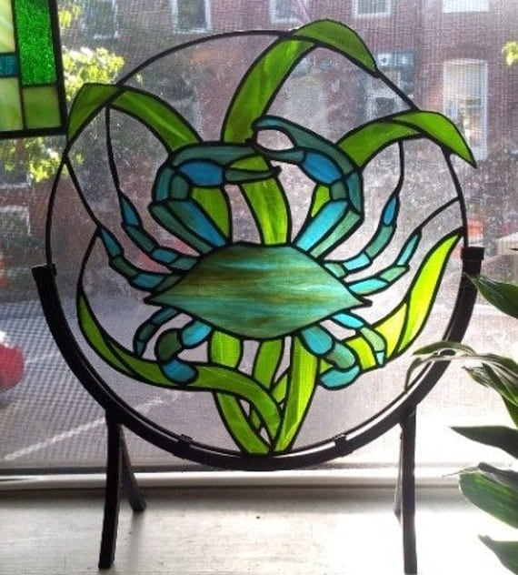 Stained glass panel Blue Crab D-3